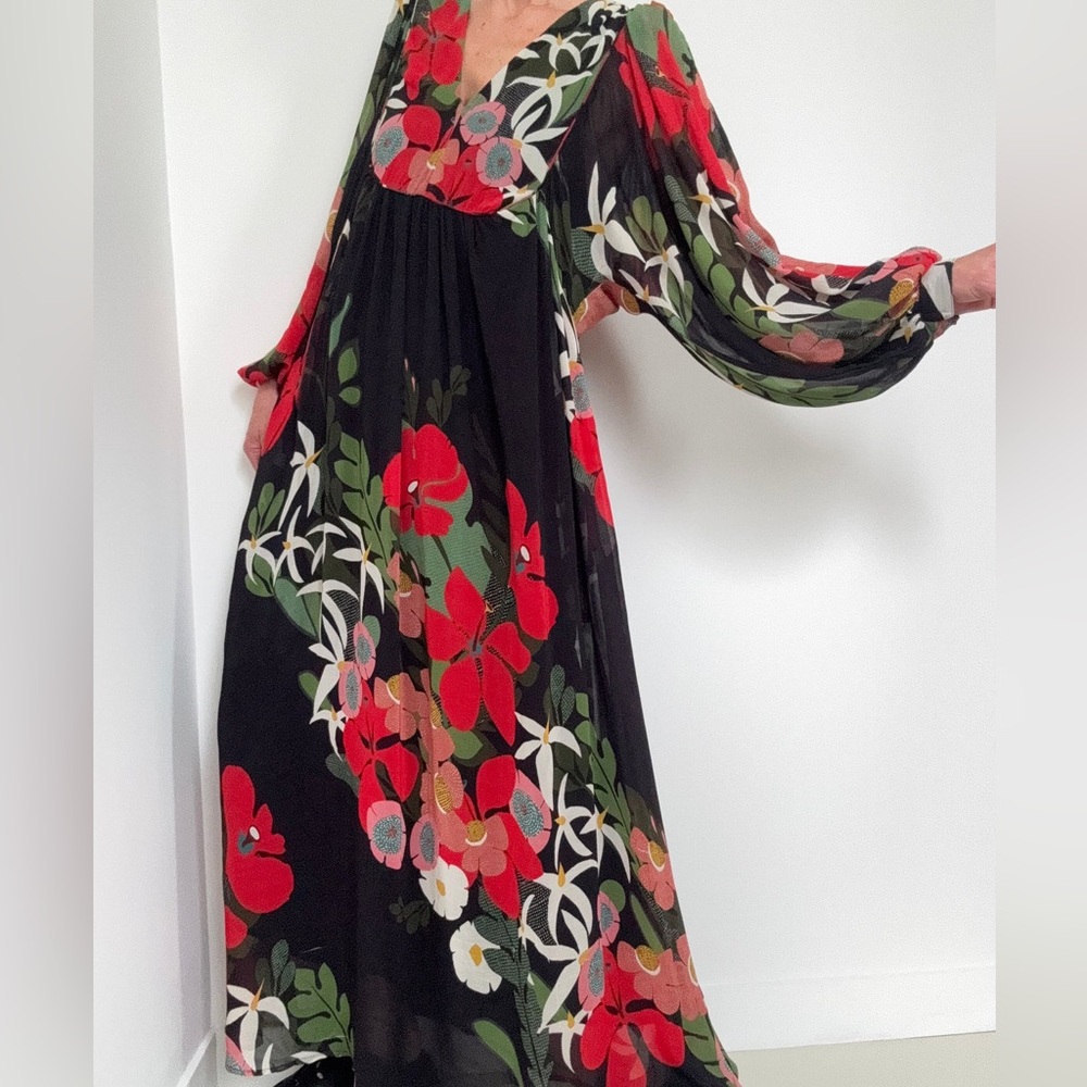FARM Rio Black Maxi Dress with Red & Green Floral Print